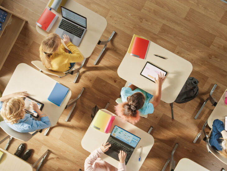 Top View Shot in Elementary School Computer Science Classroom: C