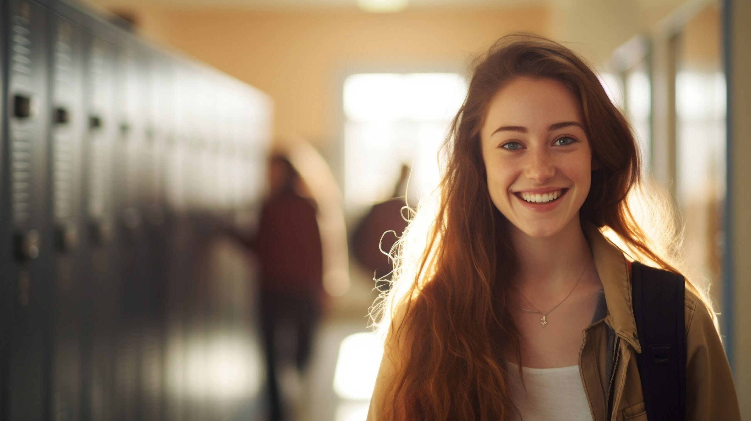 Portrait of a young teenage girl in school at the locker lined hallway. Generative AI